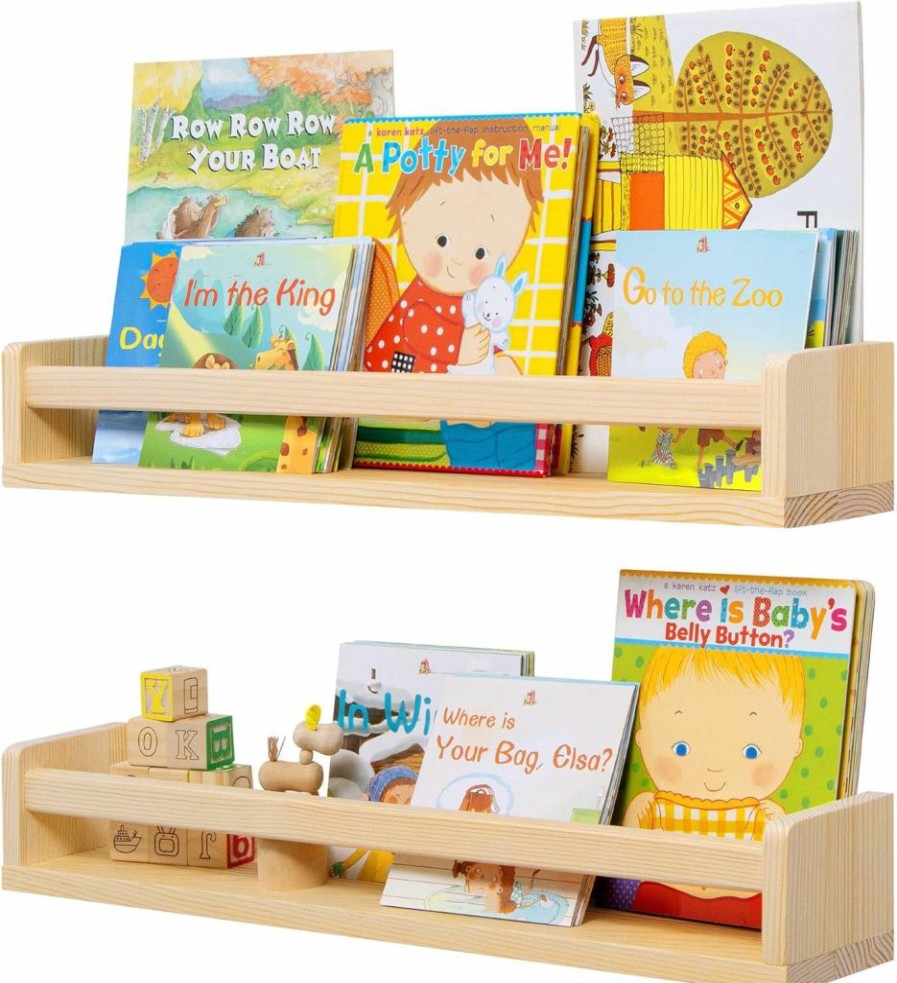 Fun Memories | Fun Memories Nursery Book Shelves Set Of 2 - Rustic Natural Solid Wood Floating Bookshelf For Kids - Wall Book Shelves Kitchen Spice Rack For Kids Room, Home Decor - Natural Wood - 16 Inch