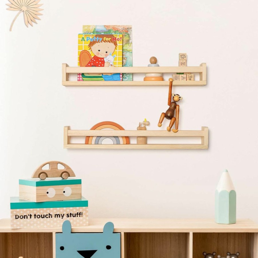 Fun Memories | Fun Memories Nursery Book Shelves Set Of 2 - Rustic Natural Solid Wood Floating Bookshelf For Kids - Wall Book Shelves Kitchen Spice Rack For Kids Room, Home Decor - Natural Wood - 16 Inch