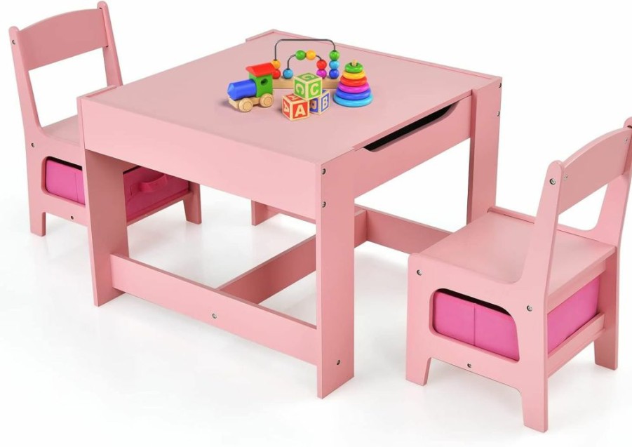 Olakids | Olakids Kids Table And Chair Set, 3 In 1 Wood Children Desk Set With Removable Blackboard, Storage Drawer, Toddlers Activity Table Furniture For Art Crafts Drawing Reading Playroom (Pink)