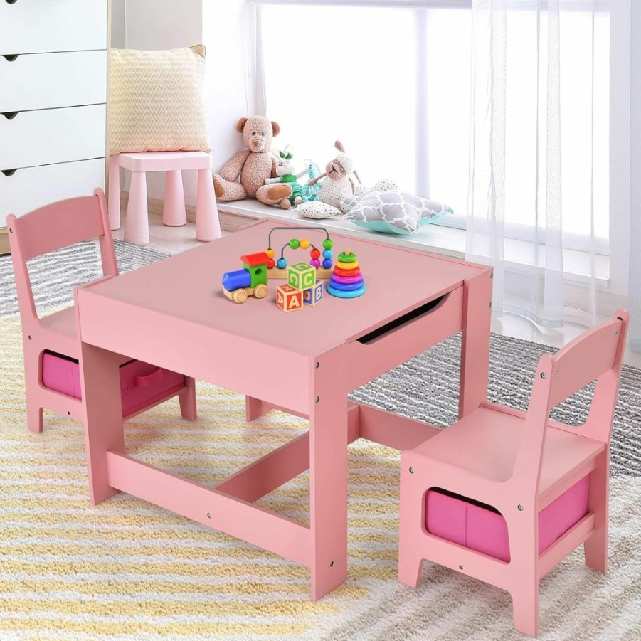 Olakids | Olakids Kids Table And Chair Set, 3 In 1 Wood Children Desk Set With Removable Blackboard, Storage Drawer, Toddlers Activity Table Furniture For Art Crafts Drawing Reading Playroom (Pink)