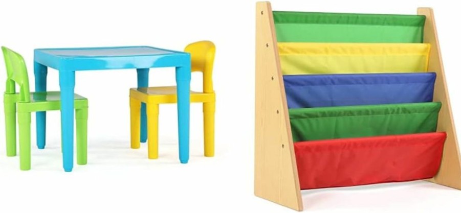 Humble Crew | Humble Crew, Aqua Table & Green/Yellow Kids Lightweight Plastic Table And 2 Chairs Set, Square, Toddler & Natural Wood/Primary Kids Book Rack Storage Bookshelf, 4 Tiers, Toddler