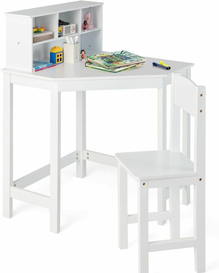 Costzon | Costzon Kids Desk And Chair Set, Wooden Kids Study Corner Table With Hutch & Bookshelf For Small Space, Space Saving Student Writing Table Computer Workstation Gift For Boys Girls Ages 3+ (White)