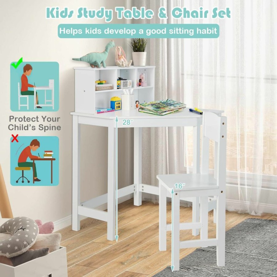 Costzon | Costzon Kids Desk And Chair Set, Wooden Kids Study Corner Table With Hutch & Bookshelf For Small Space, Space Saving Student Writing Table Computer Workstation Gift For Boys Girls Ages 3+ (White)