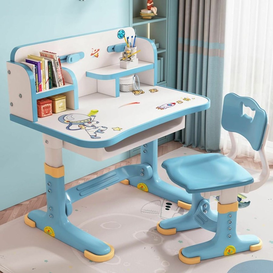 Shulemin | Kids Desk And Chair Set,Height-Adjustable Student Study Desk Widened Desktop Multi Separation Cartoon Pattern Desk Chair Set Kids Study Table With Drawer Chair Set Fast Delivery From Us Blue