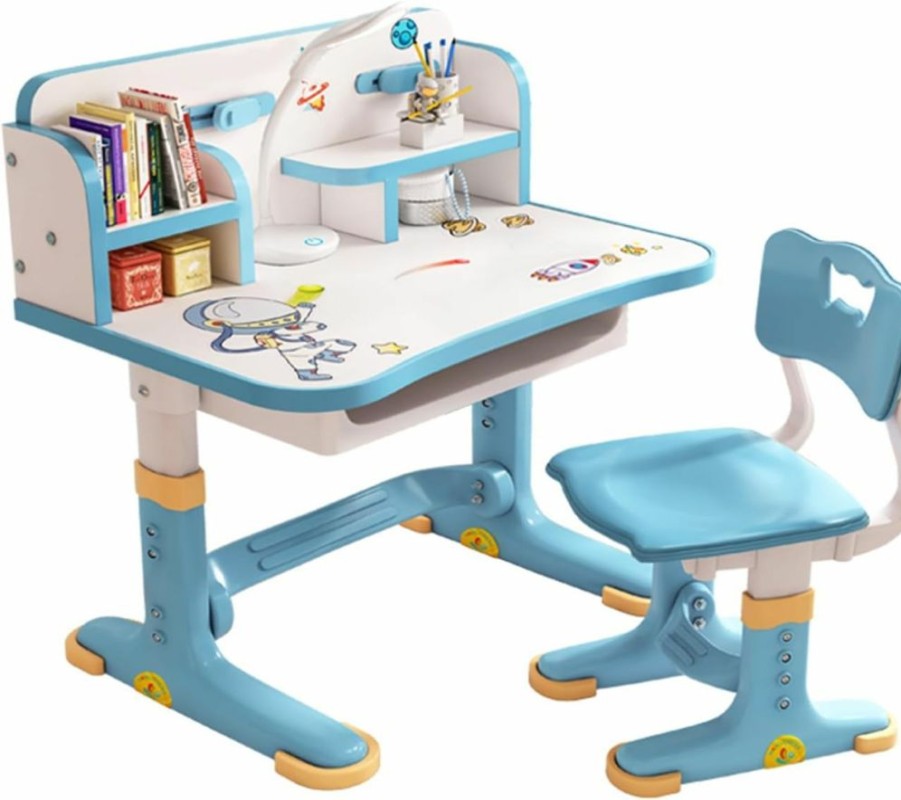 Shulemin | Kids Desk And Chair Set,Height-Adjustable Student Study Desk Widened Desktop Multi Separation Cartoon Pattern Desk Chair Set Kids Study Table With Drawer Chair Set Fast Delivery From Us Blue