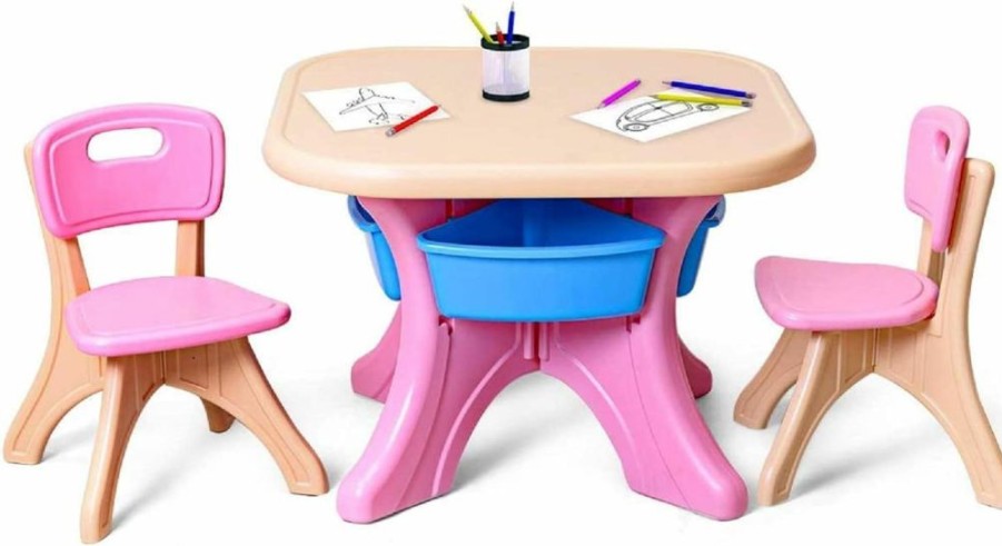 Costzon | Costzon Kids 3 Piece Table And Chair Set, Pink, 27" X 27" X 20"