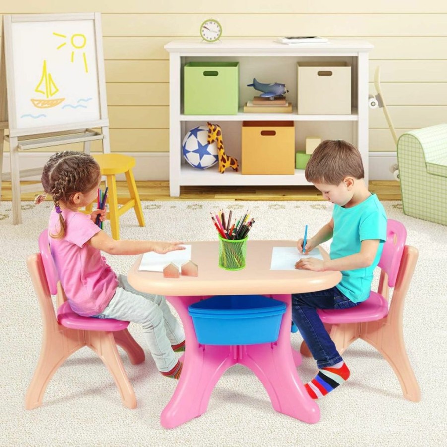 Costzon | Costzon Kids 3 Piece Table And Chair Set, Pink, 27" X 27" X 20"