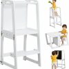 Onirw | 4-In-1 Learning Tower For Toddlers And Kids 1-6 Years, Kitchen Helper Stool With Chalkboard, Desk Table, And Chair All In One, White