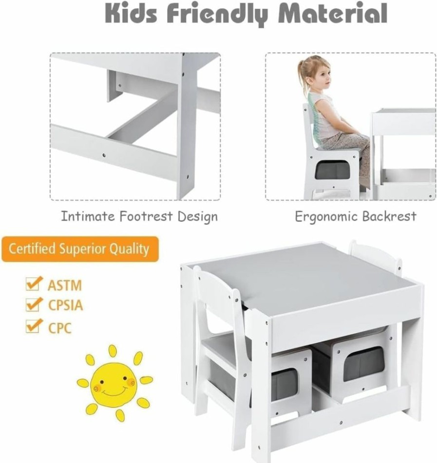 Generic | Fireflowery Kids Table And Chair Set, 3-In-1 Wooden Activity Table W/Storage Drawer & Detachable Blackboard, 3-Piece Square Children Art Desk, Toddler Table And Chairs For Reading (Grey)