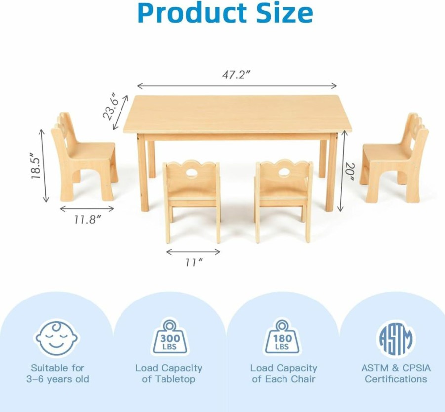 OOOK | Oook Kids Table And 4 Chairs Set, Poplar Plywood, More Spacious Space For Kids Graffiti Desktop, 47''X24'',Sturdy And Durable, Children Multi-Activity