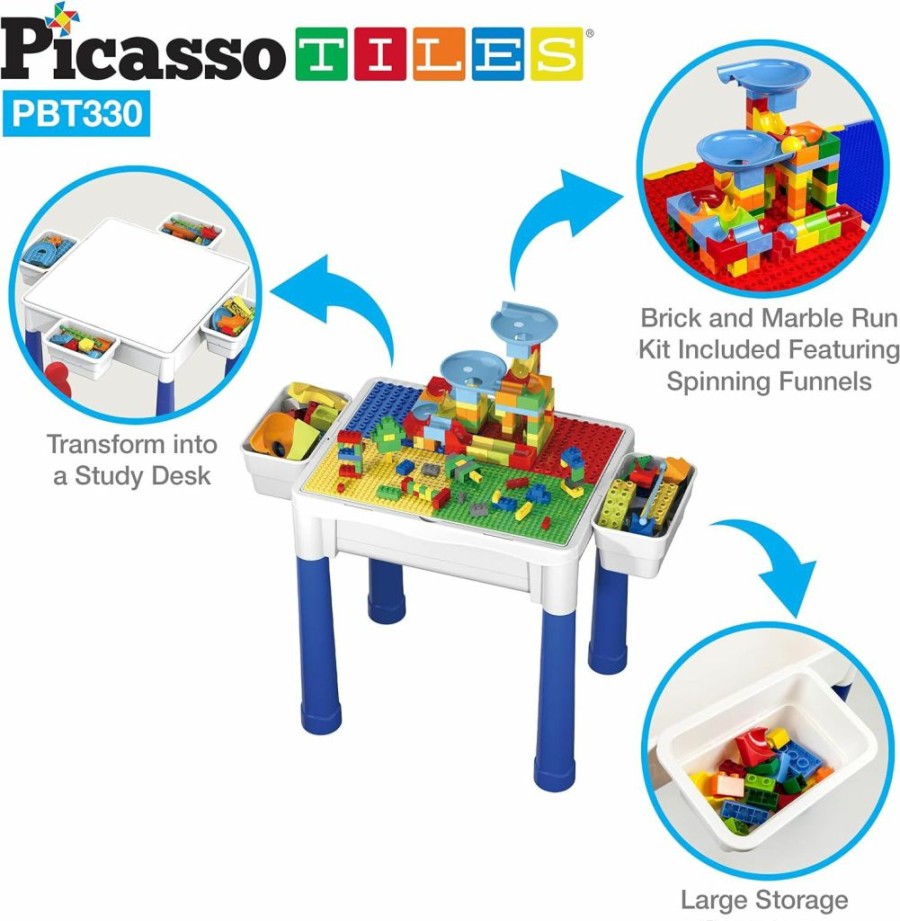 PicassoTiles | Picassotiles Kids Multi Activity Table, Storage Bin & Chair Set Combo, 581 Pcs Building Block With Marble Run Play Table Compatible With Building Bricks Blocks Stem Toy For Boys & Girls Ages 3+