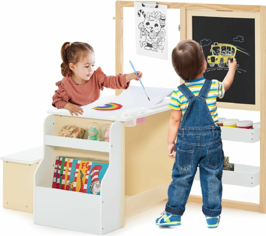 INFANS | Infans 3 In 1 Kids Art Table And Chair Set, Toddler Craft And Play Wood Activity Desk With Double-Sided Easel Blackboard Whiteboard, Paper Roll For Writing, Children Furniture For Daycare Nursery