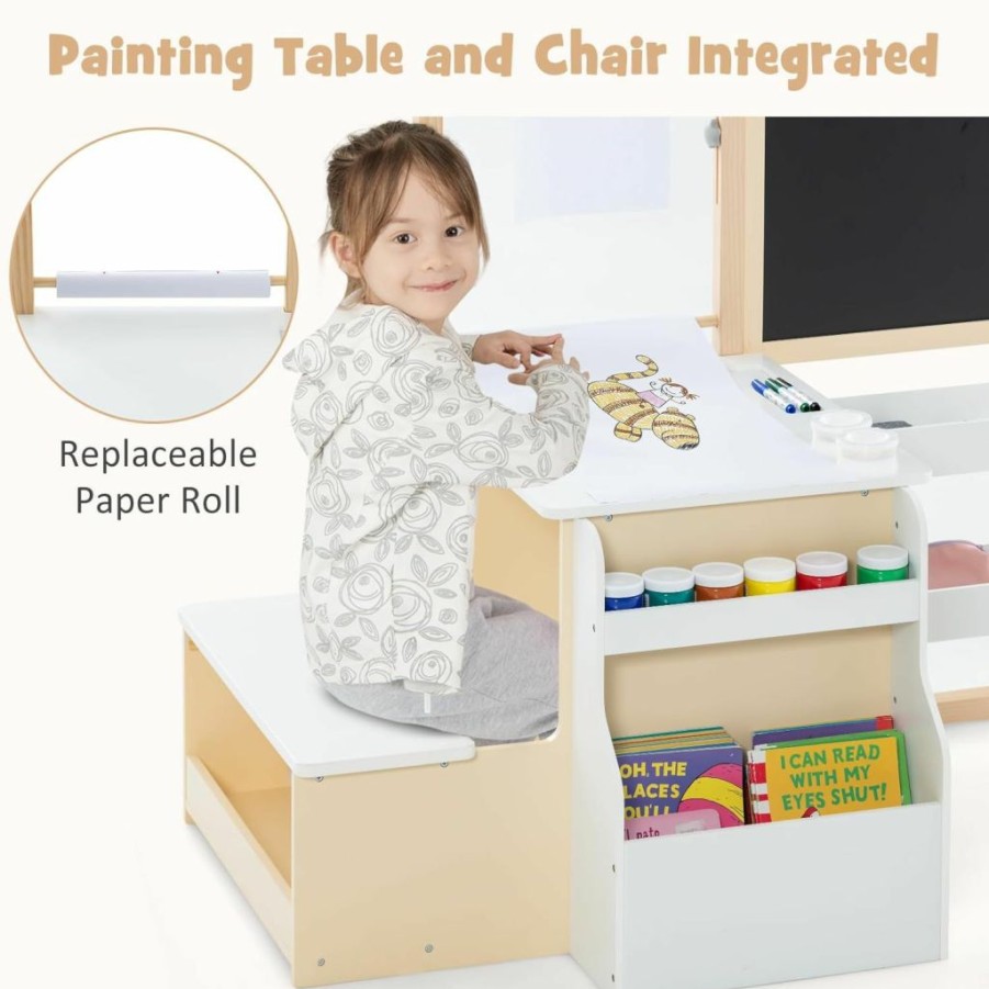 INFANS | Infans 3 In 1 Kids Art Table And Chair Set, Toddler Craft And Play Wood Activity Desk With Double-Sided Easel Blackboard Whiteboard, Paper Roll For Writing, Children Furniture For Daycare Nursery