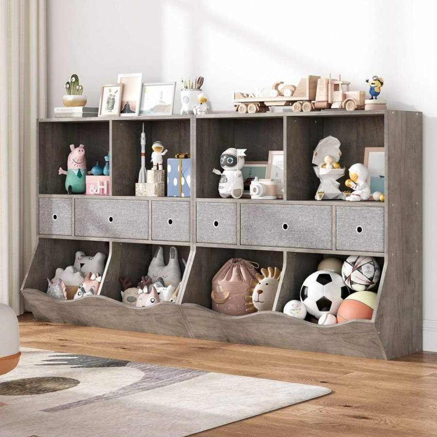 IDEALHOUSE | Idealhouse Kids Bookshelf And Toy Storage Organizer With 3 Movable Drawers, Floor Storage Cabinet Toy Chest With 4 Cubbies, Multifunctional Storage Chest For Nursery, Playroom And Bedroom, Grey