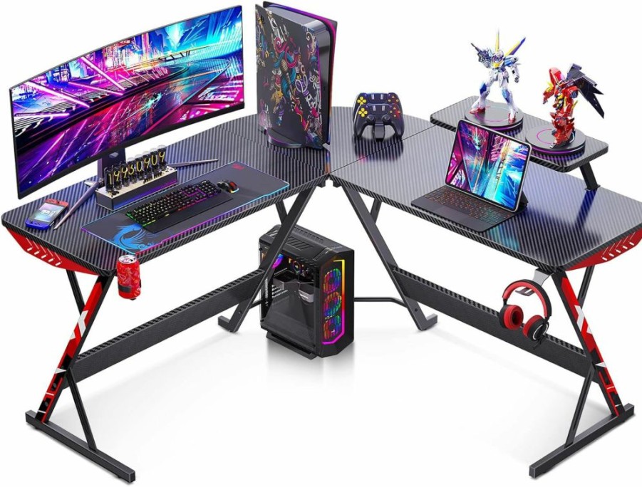 MOTPK | Motpk Pink Gaming Desk L Shaped, 51 Inch Gamer Desk Gaming Table With Carbon Fiber Texture, Corner Computer Desk L Shape With Monitor Stand & Cup Holder & Headphone Hook, For Women & Girls Gift