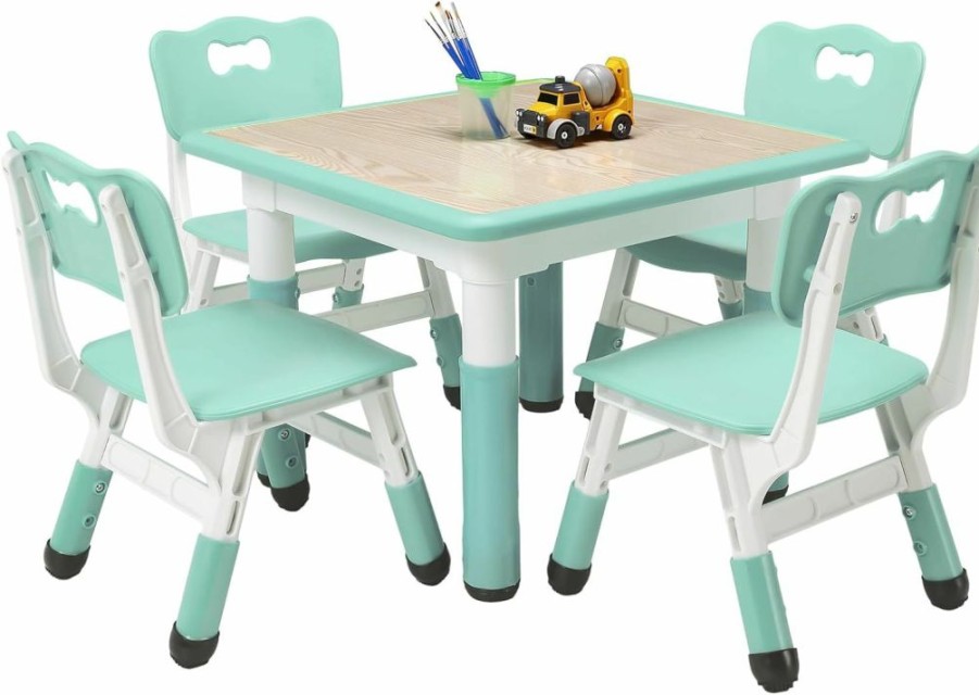 EastVita | Eastvita Kids Table And Chairs Set With 4 Seats, Adjustable Height Desk With Non-Slip Legs, Graffiti Table Top, For Ages 2-10, Multi-Activity Table For Classrooms, Daycares, Home Pink One Size