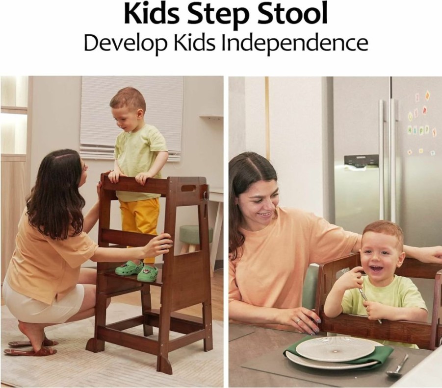 TOETOL | Toetol Bamboo Toddler Step Stool Kids Kitchen Counter Learning Stool Standing Helper Tower 3 Height Adjustable Bathroom Sink With Safety Rail,Natural