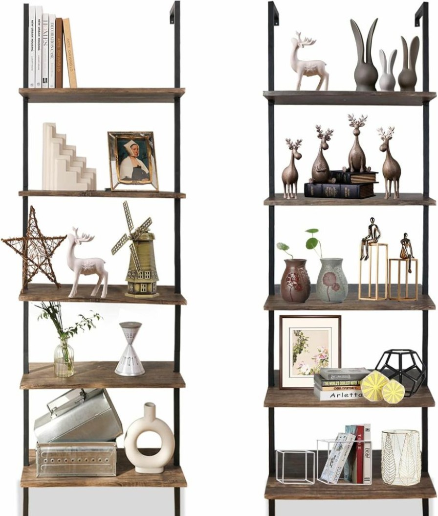 aboxoo | Aboxoo Ladder Shelf Open Bookshelf 5-Tier Wall-Mounted Wood Bookcase Rack Open Back Industrial Modern Plant Flower Stand Utility Organizermetal Frame Furniture Office Kitchen Bedroom (Brown 2Pc)