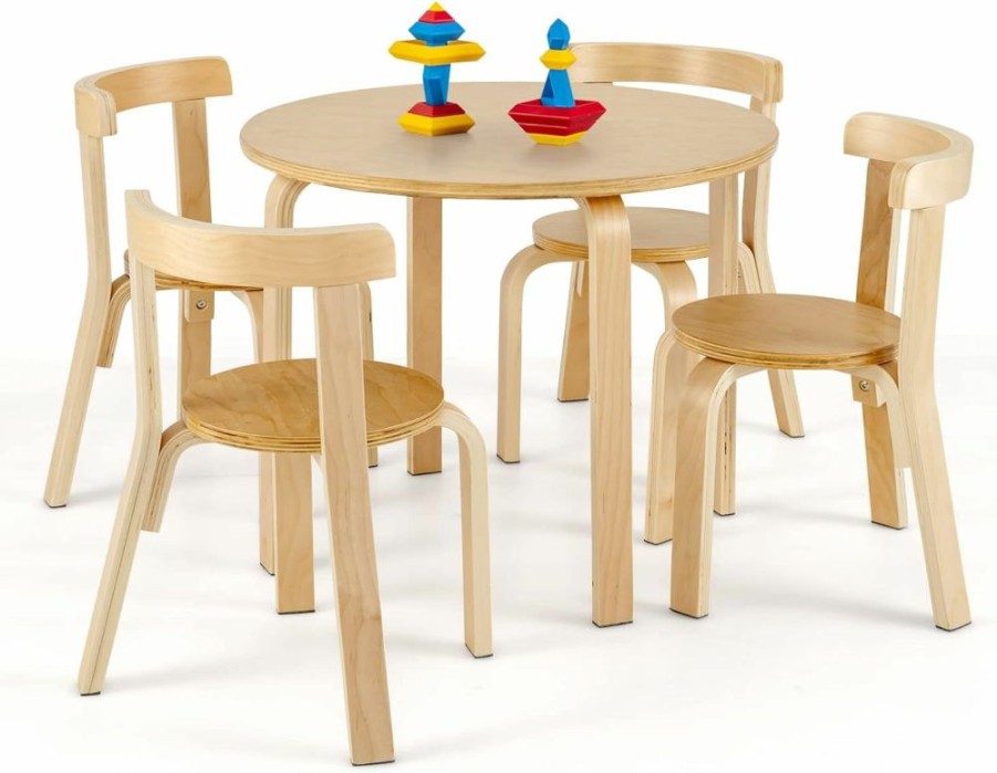 Costzon | Costzon Kids Table And Chair Set, 5-Piece Wooden Activity Table W/ 4 Chairs, Toy Bricks, Classroom Playroom Daycare Furniture For Playing, Drawing, Reading, Bentwood Toddler Table & Chairs (Natural)