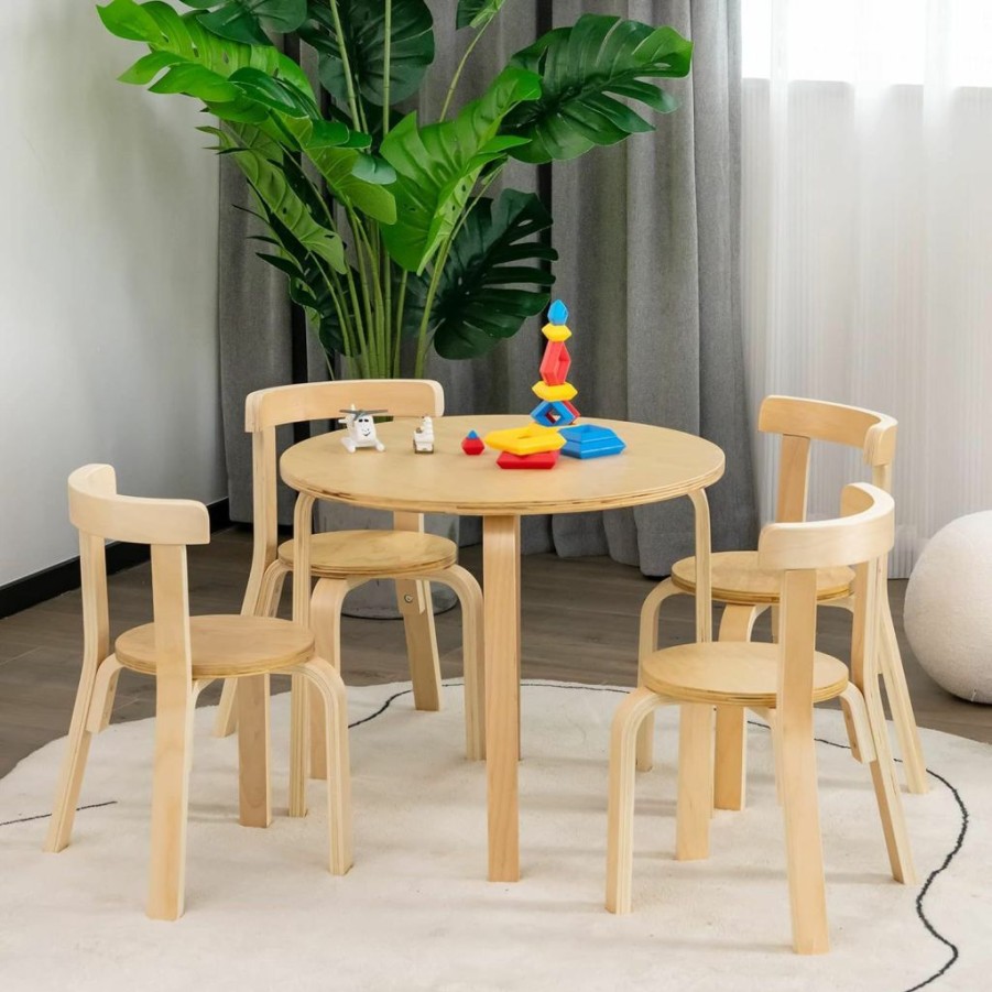 Costzon | Costzon Kids Table And Chair Set, 5-Piece Wooden Activity Table W/ 4 Chairs, Toy Bricks, Classroom Playroom Daycare Furniture For Playing, Drawing, Reading, Bentwood Toddler Table & Chairs (Natural)