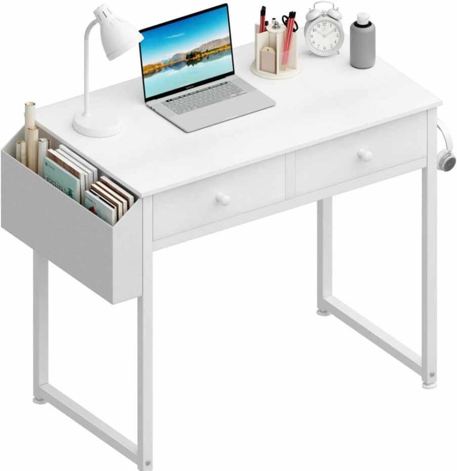 Lufeiya | Lufeiya Small White Desk With Drawers - For Bedroom, 32 Inch Home Office Computer Desk With Fabric Storage Drawer And Bag, Study Writing Table For Small Spaces, White