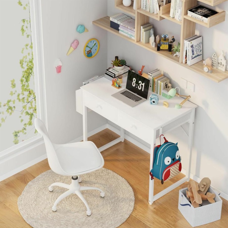 Lufeiya | Lufeiya Small White Desk With Drawers - For Bedroom, 32 Inch Home Office Computer Desk With Fabric Storage Drawer And Bag, Study Writing Table For Small Spaces, White