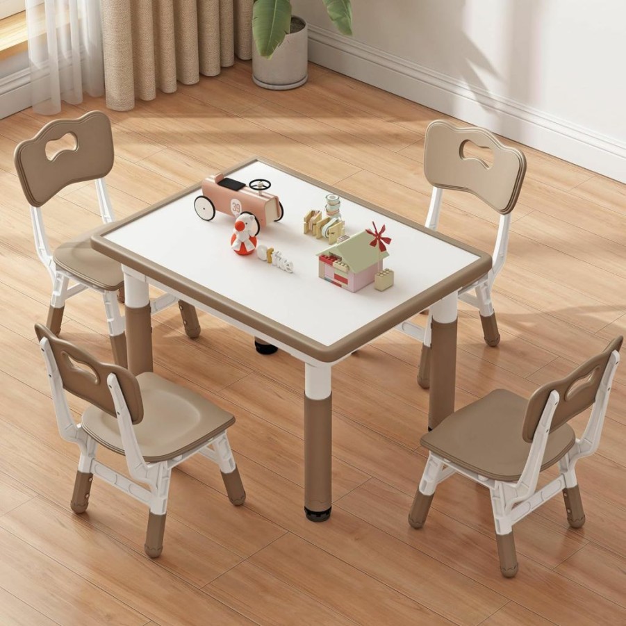 Ybaiwana | Ybaiwana Kids Table And 4 Chairs, Height Adjustable Toddler Table And Chair Set For Ages 2-10, 31.5''L X 23.6''W Graffiti Desktop For Daycare, Classroom, Home,Brown