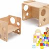 Woodtoe | Woodtoe Montessori Weaning Table And Chair Set For Toddler, Natural Solid Wooden Kids Table Cube Chair For Boy Girl, With Wooden Building Blocks Set For Kids, 36 Pcs Rainbow Acrylic Gem Cubes Blocks