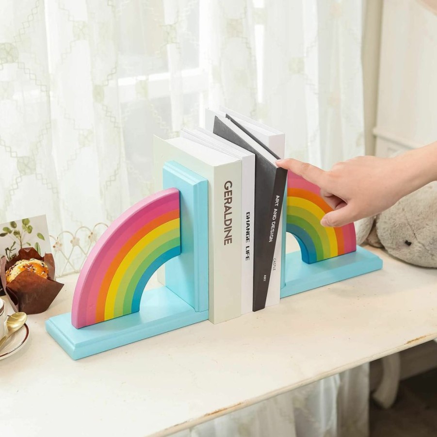 NIKKY HOME | Nikky Home Wooden Rainbow Book Ends Non-Skid Cute Kids Bookends Book Stoppers For Girls Home Children'S Room Classroom Nursery Decor, Pack Of 2