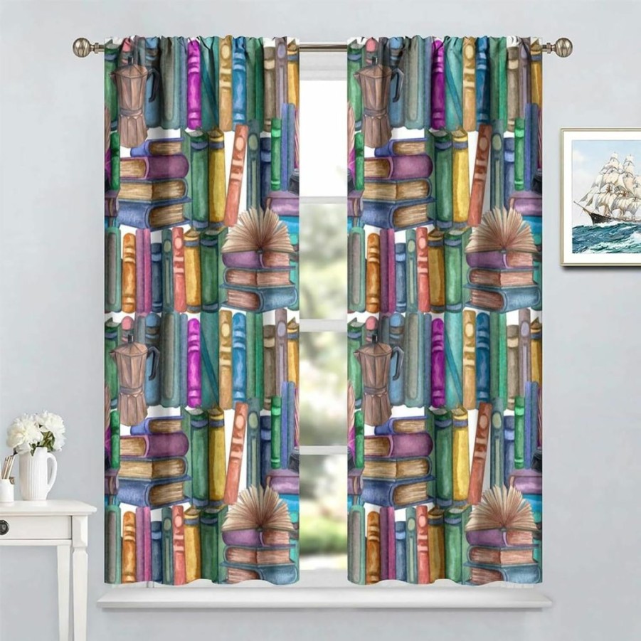 SHElifestyle | Pixelated Bookshelf Curtain For Kids, Shelf With Books In Pixel Art Style Game Concept Rod Pocket Window Treatments Drapes For Girls Boys Bedroom Playroom 42X63In(Decor)