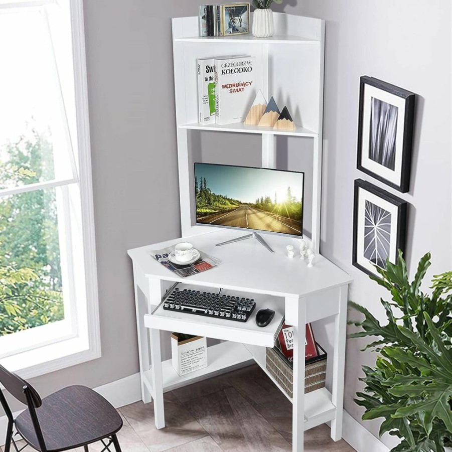 Tangkula | Tangkula White Corner Desk With Hutch, 90 Degrees Triangle Computer Desk With Keyboard Tray & Bookshelves For Small Space, Space Saving Writing Desk With Storage Shelves For Bedroom Apartment