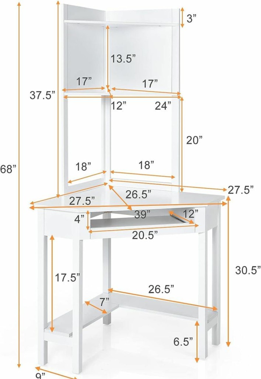 Tangkula | Tangkula White Corner Desk With Hutch, 90 Degrees Triangle Computer Desk With Keyboard Tray & Bookshelves For Small Space, Space Saving Writing Desk With Storage Shelves For Bedroom Apartment