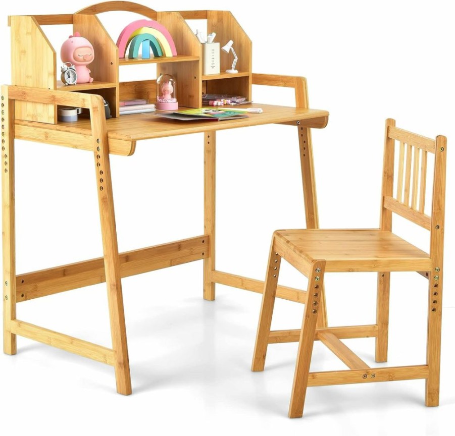 Costzon | Costzon Kids Desk And Chair Set, Height Adjustable Children Study Table And Chair W/Bookshelves, Student Writing Computer Workstation For Bedroom & Study Room, Bamboo Desk & Chair For Kids (Natural)