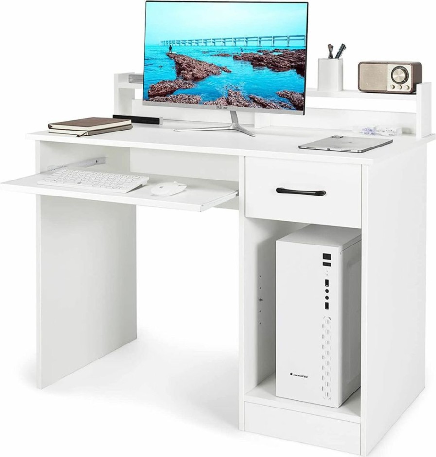 Tangkula | Tangkula Computer Desk With Drawer & Keyboard Tray, Modern Study Writing Desk With Desktop Hutch & Storage Shelves, Home Office Wooden Pc Laptop Desk, Desk For Bedroom