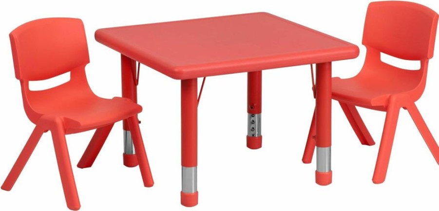 EMMA + OLIVER | Emma + Oliver 24" Square Red Plastic Adjustable Activity Table Set-2 Chairs