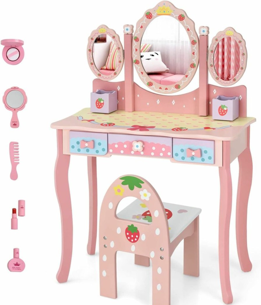 Costzon | Costzon Kids Vanity Set With Mirror, 2 In 1 Princess Makeup Dressing Table W/Detachable Top, Toddler Vanity W/Drawers, Accessories, Pretend Play Vanity Table & Chair Set For Little Girls, White