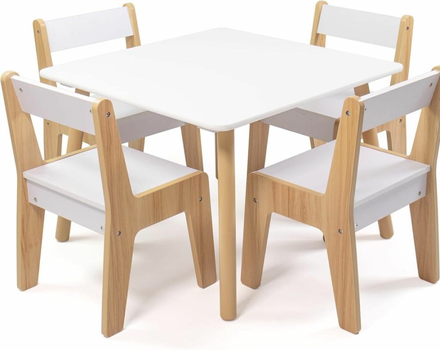 Humble Crew | Humble Crew, White/Natural Modern Wood Kids Table And 4 Chairs Set