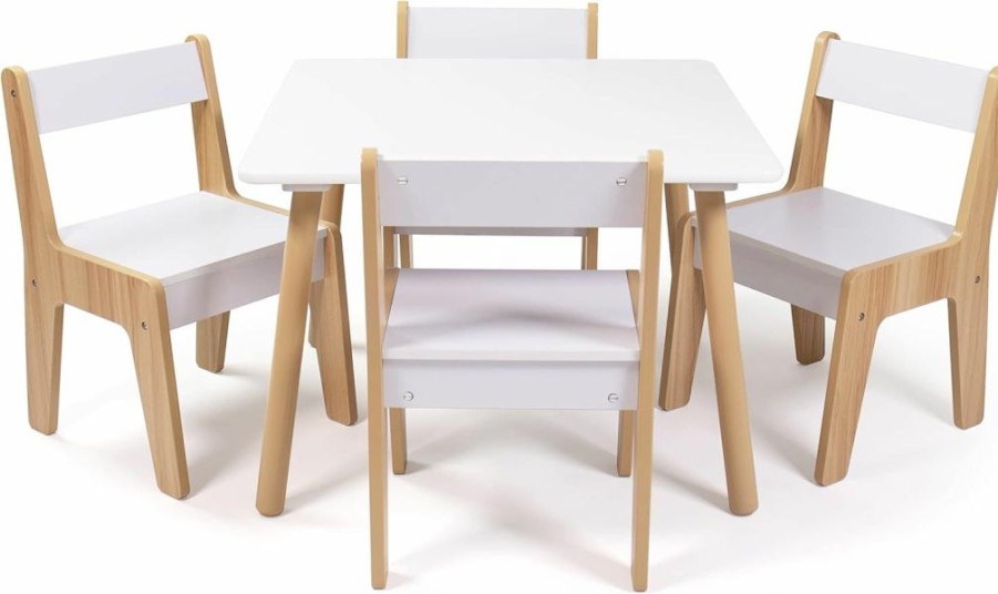 Humble Crew | Humble Crew, White/Natural Modern Wood Kids Table And 4 Chairs Set