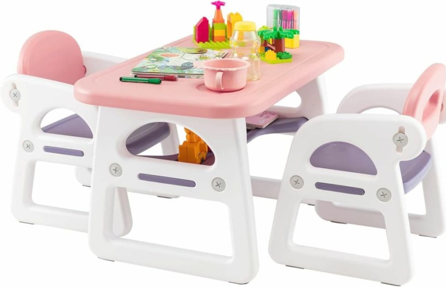 Costzon | Costzon Kids Table And Chair Set, 3-Piece Plastic Activity Table With Building Blocks, Storage Shelf For Children Reading, Drawing, Writing, Arts & Crafts, Toddler Table And Chair Set (Pink)