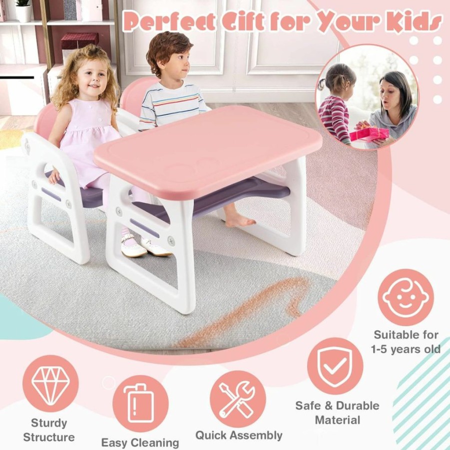 Costzon | Costzon Kids Table And Chair Set, 3-Piece Plastic Activity Table With Building Blocks, Storage Shelf For Children Reading, Drawing, Writing, Arts & Crafts, Toddler Table And Chair Set (Pink)