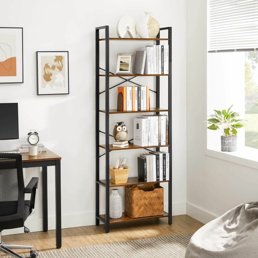 VASAGLE | Vasagle 6-Tier Tall Bookshelf, Large Bookcase With Steel Frame, Deep Book Shelf For Living Room, Home Office, Study, 11.8 X 31.5 X 73.2 Inches, Industrial Style, Rustic Brown And Black Ulls082B01