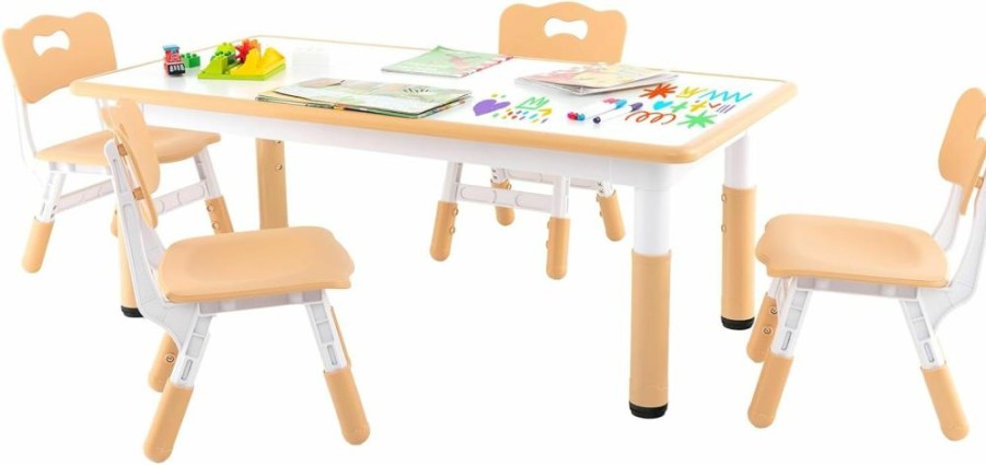 HONEY JOY | Honey Joy Kids Table And Chair Set, Height Adjustable Children Activity Table And 4 Chairs Set W/Erasable Graffiti Desktop, Toddler Table And Chair Set For Daycare, Classroom, Home (Natural)