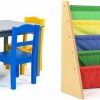 Humble Crew | Humble Crew, Grey/Blue/Green/Yellow Kids Wood Table And 4 Chairs Set &, Natural Wood/Primary Kids Book Rack Storage Bookshelf, 4 Tiers, Toddler