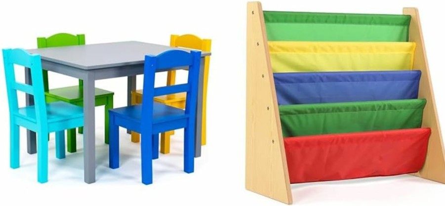 Humble Crew | Humble Crew, Grey/Blue/Green/Yellow Kids Wood Table And 4 Chairs Set &, Natural Wood/Primary Kids Book Rack Storage Bookshelf, 4 Tiers, Toddler