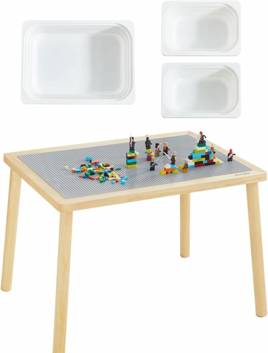 Beright | Beright Kids Table Actvity Table With 3 Baseplates Grey And 3 White Storage Bins, Building Block Table With Double-Sided Tabletop, Indoor Sensory Table