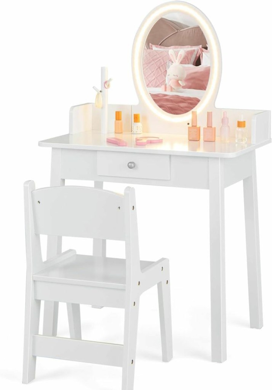 Costzon | Costzon Kids Vanity, Girls Vanity Set With Mirror And Stool And Lights, Drawer, Jewelry Rack, 2 In 1 Wooden Princess Makeup Desk Dressing Table, Pretend Play Kids Vanity Table And Chair Set (White)