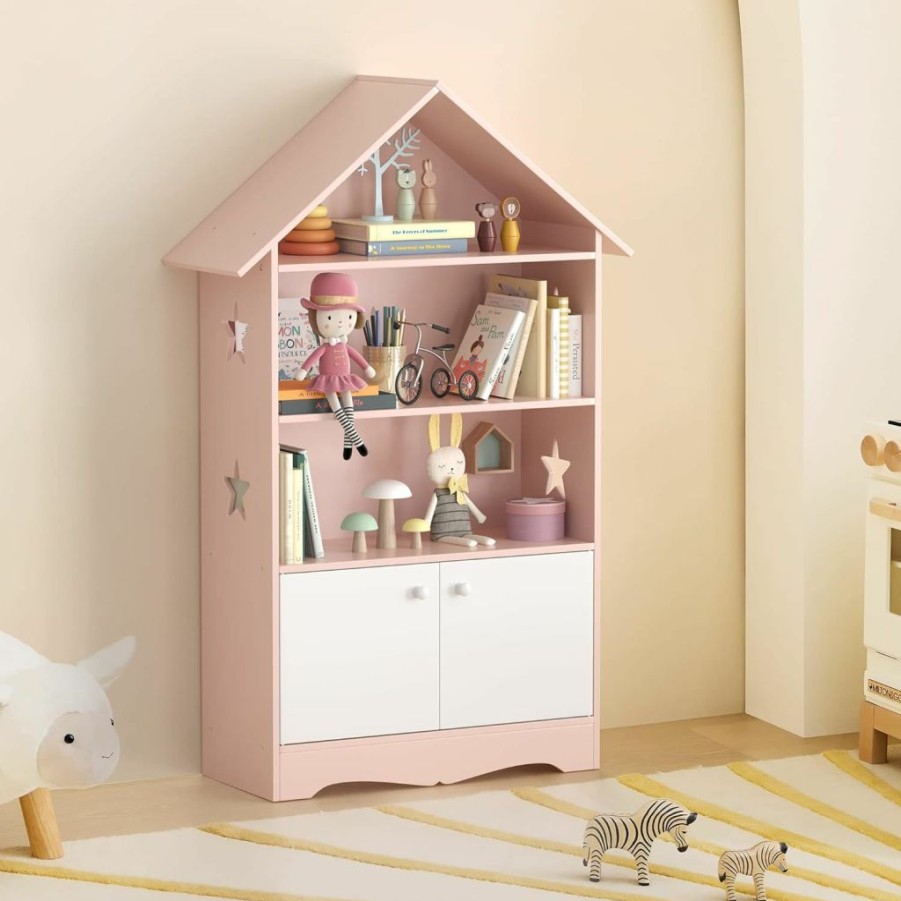 Curipeer | Curipeer Kids Dollhouse Bookshelf, Large Wooden Kids Bookshelf And Toy Storage With Doors, 3-Tier Open Display Organizer And 1-Tier Hidden Storage Dollhouse Bookcase Gift For Ages 3-7, Pink