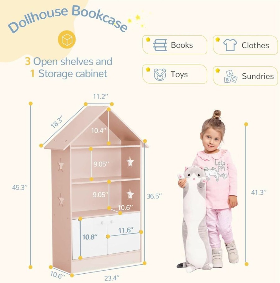 Curipeer | Curipeer Kids Dollhouse Bookshelf, Large Wooden Kids Bookshelf And Toy Storage With Doors, 3-Tier Open Display Organizer And 1-Tier Hidden Storage Dollhouse Bookcase Gift For Ages 3-7, Pink