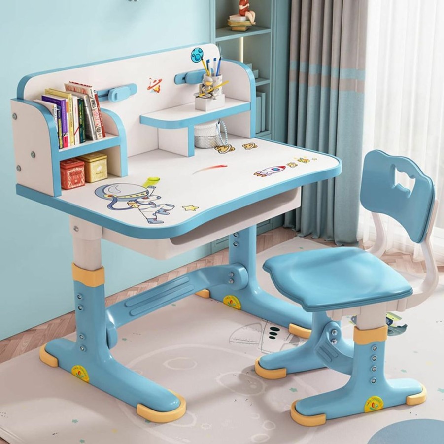 GIFZES | Kids Desk And Chair Set, Height Adjustable Children Study Desk, Golden Distance Preventing Myopia Design, Children Study Desk With Spacious Storage Drawer For Boys Girls School Home Study Tool (Blue)