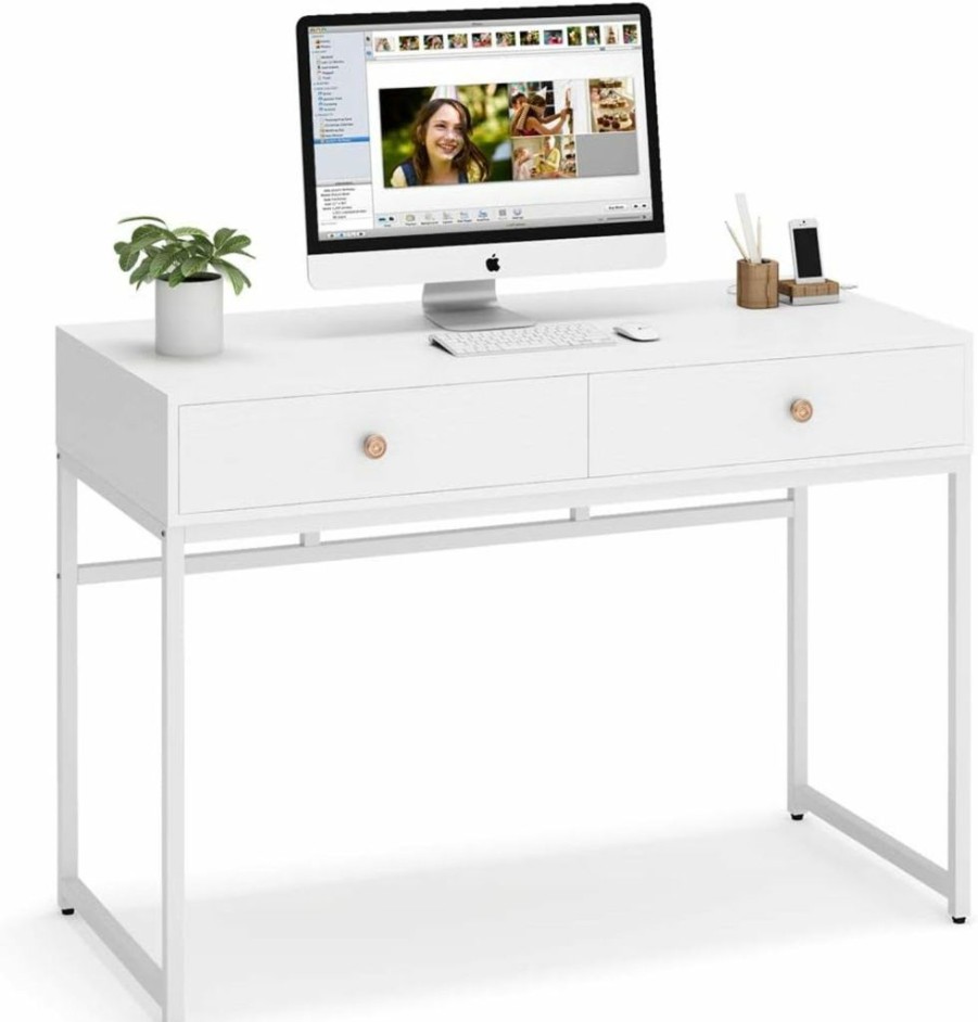 Tribesigns | Tribesigns Computer Desk, Modern Simple 47 Inch Home Office Desk Study Table Writing Desk With 2 Storage Drawers, Makeup Vanity Console Table White